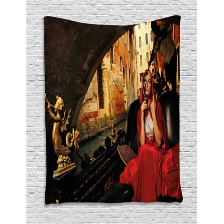 Venice Tapestry, Young Woman with a Red Cloak and Carnival Mask Riding on Antique Gondola, Wall Hanging for Bedroom Living Room Dorm Decor, Red Black Pale Brown, by Ambesonne
