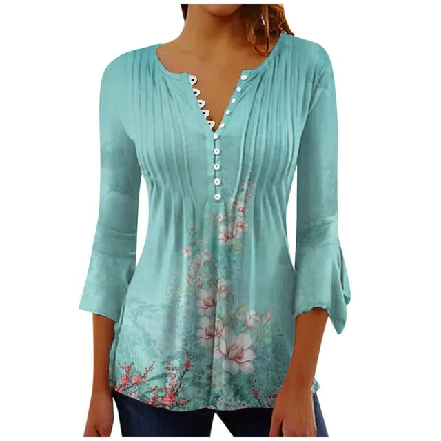 Pompotops Mode Femme Imprimé Bouton Décontracté Col en V Manches 3/4 T-Shirt Blouse Tops en Solde