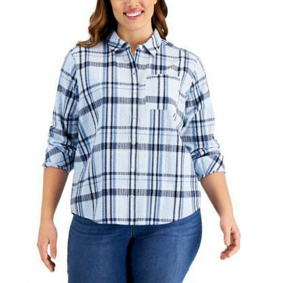MSRP $60 Style & Co Women Plus Cotton Plaid Boyfriend Button-Up Shirt Size 0X