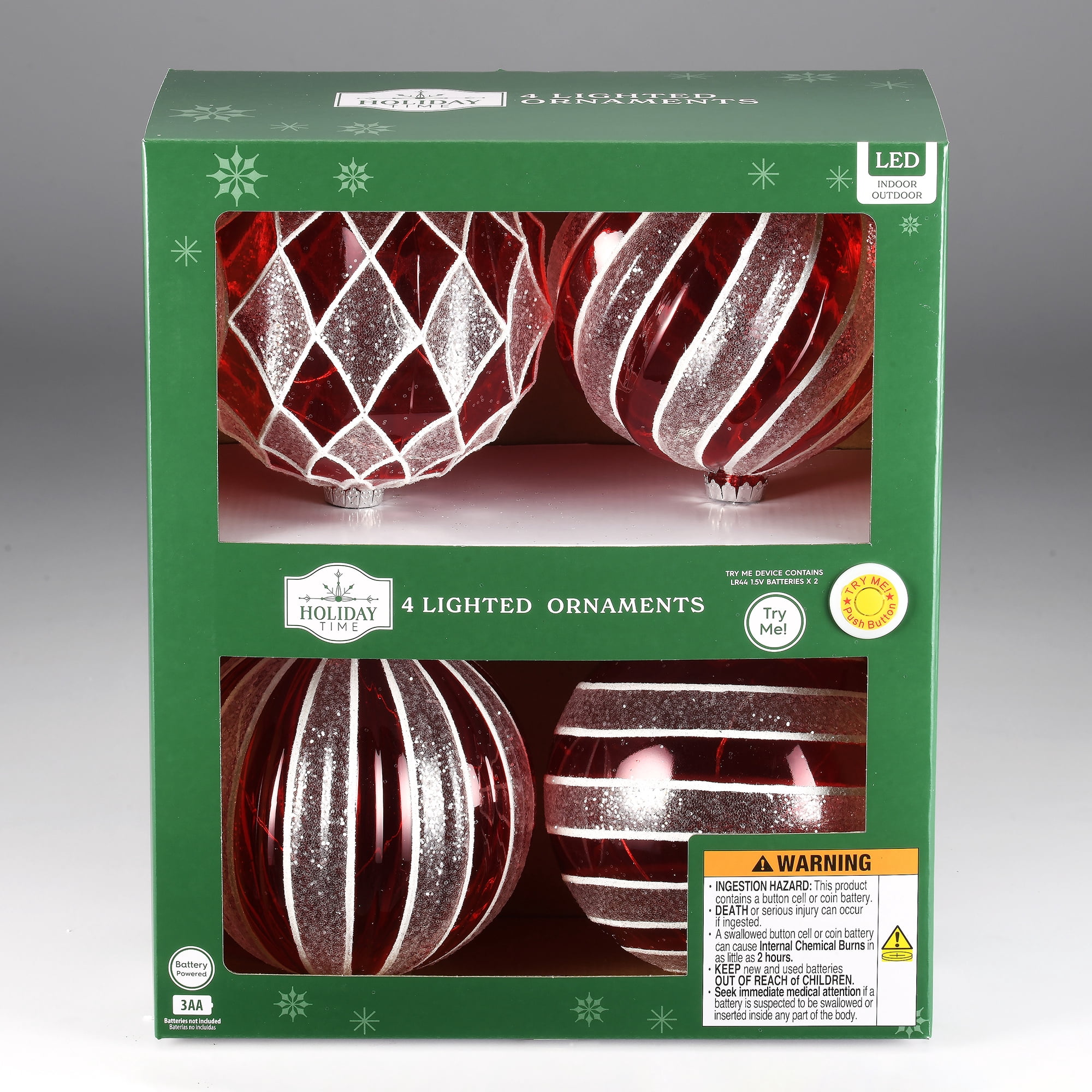 Indoor/Outdoor Red and White Battery-Operated LED Shatterproof Ball Christmas Ornaments, 4 Count, by Holiday Time
