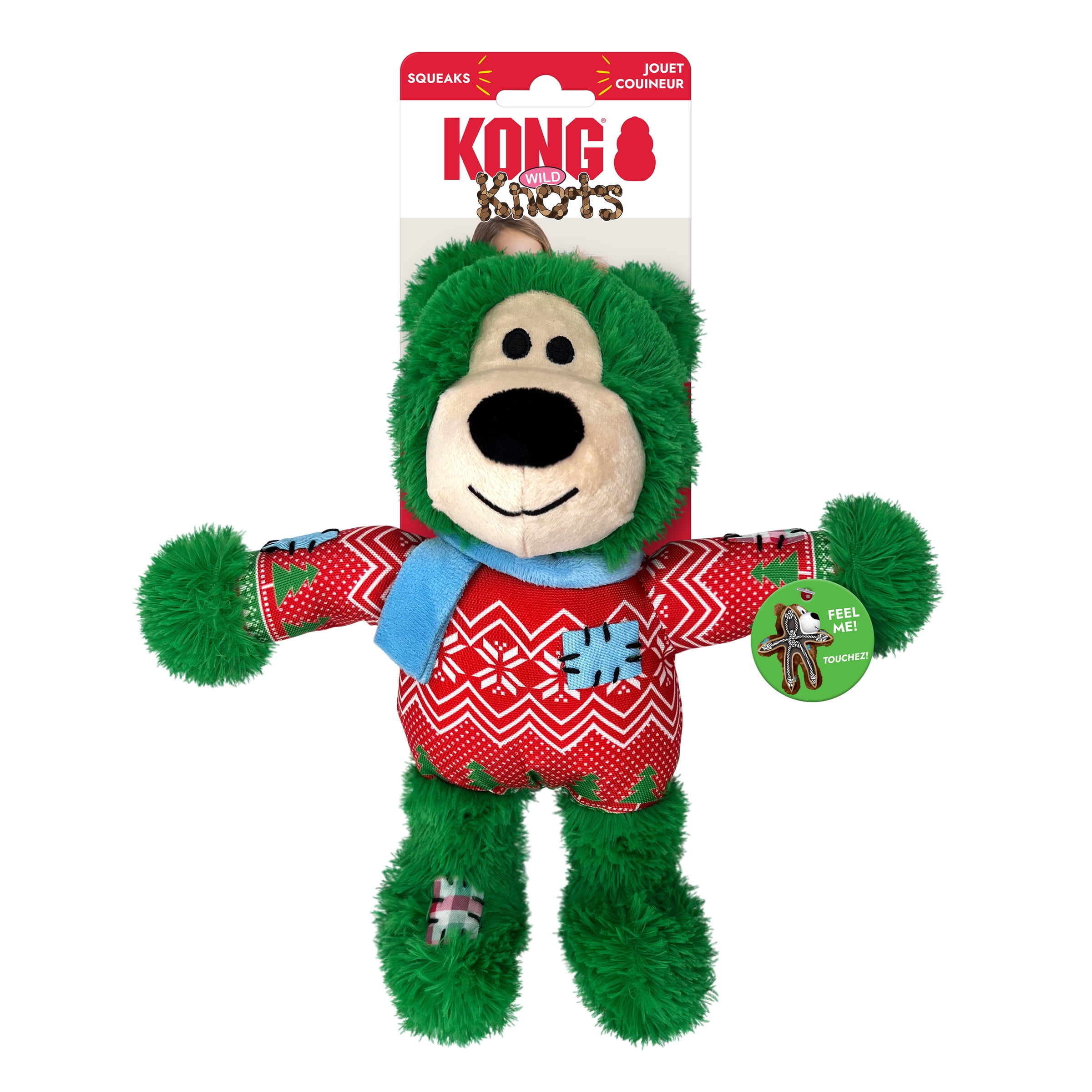 KONG Holiday Wild Knots Bear Dog Toy Green, Medium / Large Polyester Cotton Plastic Squeaker