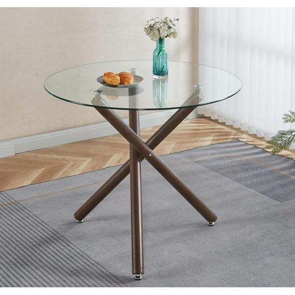 36" Round Dining Table for 2-4, Modern Glass Kitchen Dining Room Table with Walnut Cross-Shape Metal Legs, Small Circle Dinner Coffee Tables for Kitchen, Dining Room, Living Room