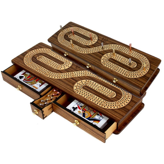 House of Cribbage - Continuous Cribbage Board Inlaid with Teak Wood / Maple : Alphabet S Shape Inlaid 3 Tracks with Drawer Storage