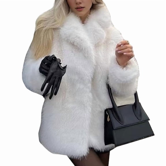 Womens Faux Fur Coat Winter Casual Oversized Lapel Jackets Warm Outerwear White L