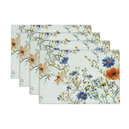 

Creowell Watercolor Flower Place Mats Set of 4 Wildflowers and Cornflowers Daisies Blooms Flower Buds Art Washable Placemats for Dining Table Green Marigold 11.8*17.7in