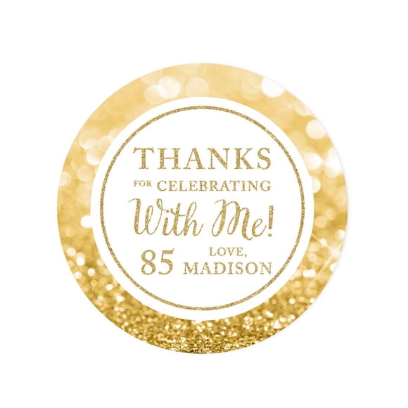 Andaz Press Personalized Glitzy Faux Gold Glitter Round Sticker Labels, Thanks for Celebrating with Me 85, 85th Birthday or Anniversary, 40-Pack, Custom Name