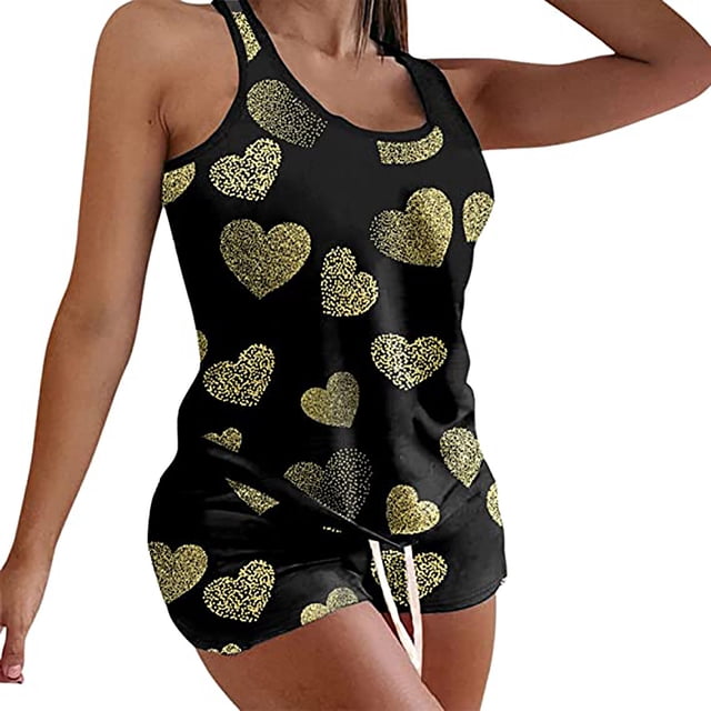 RKSTN Ensembles de Pyjama pour Femmes 2 Pcs Ensemble Imprimé Saint-Valentin Taille Élastique Shorts Pyjamas Doux Confortables