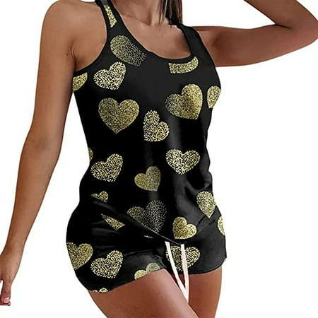 

YWDJ Silk Pajamas for Women Women Valentine s Day Love Printing Set Elastic Waist Short Pants Pajamas Sets Gold XL