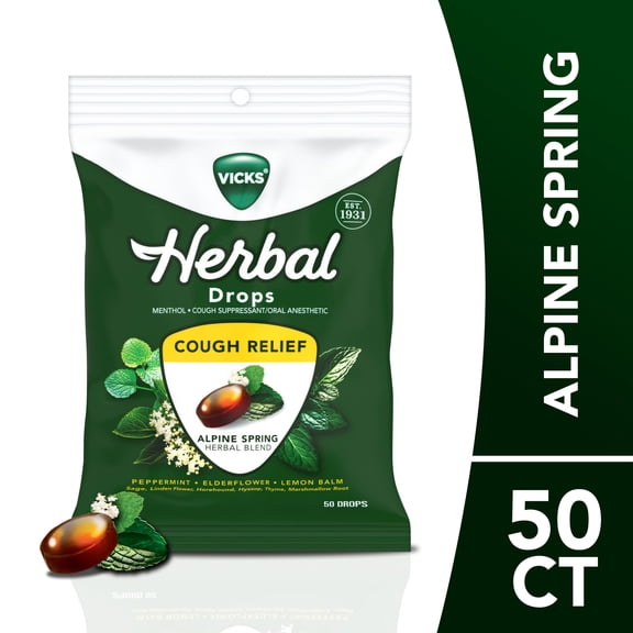 Vicks Herbal Cough Drops for Cough and Sore Throat Relief, Alpine Spring Herbal Blend, 50 count