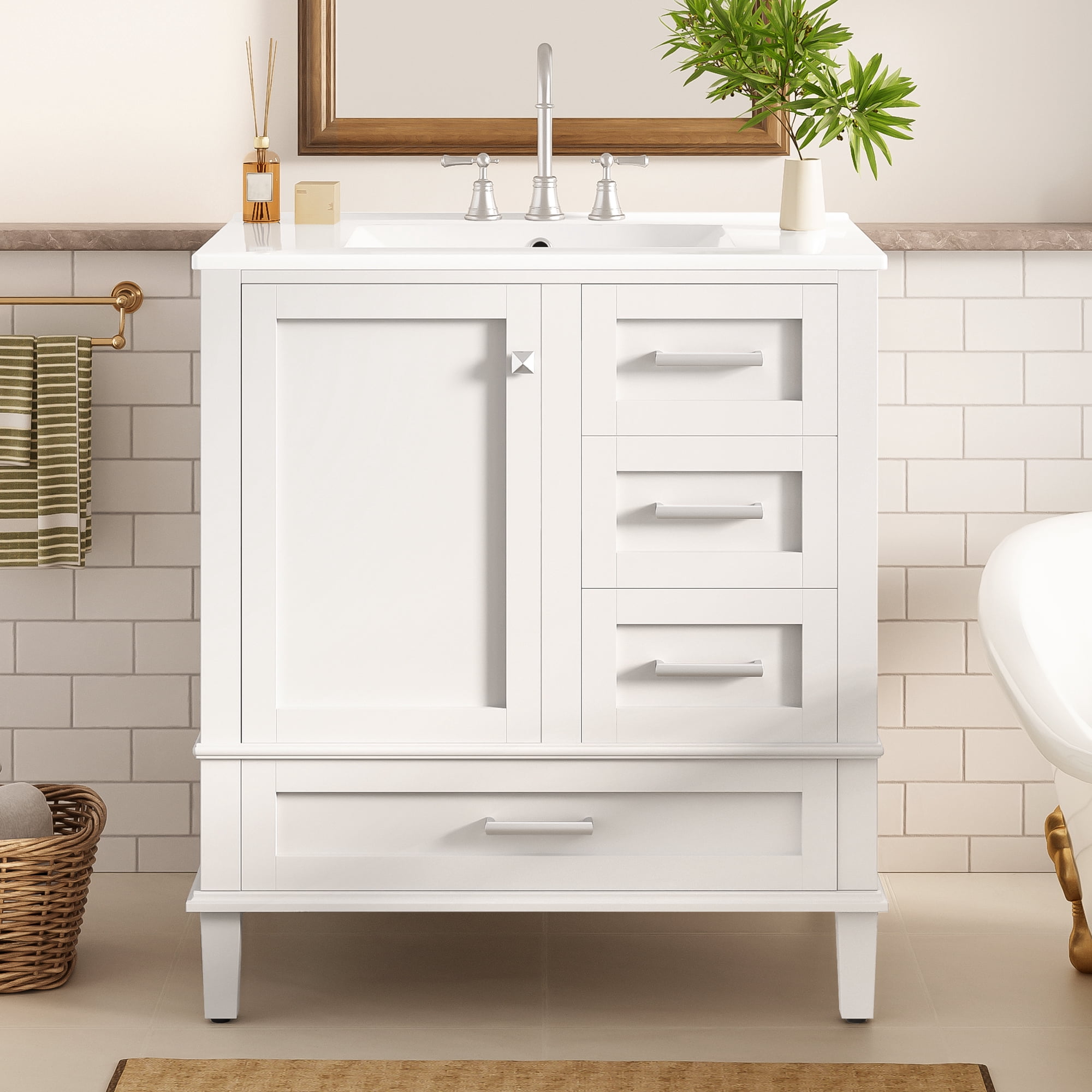 Euroco 30" Bathroom Vanity, Modern Bathroom Cabinet with Sink Combo Set, Bathroom Storage Cabinet with 1 Soft-Closing Door and 3 Soft-Closing Drawers, Solid Wood Frame (White)