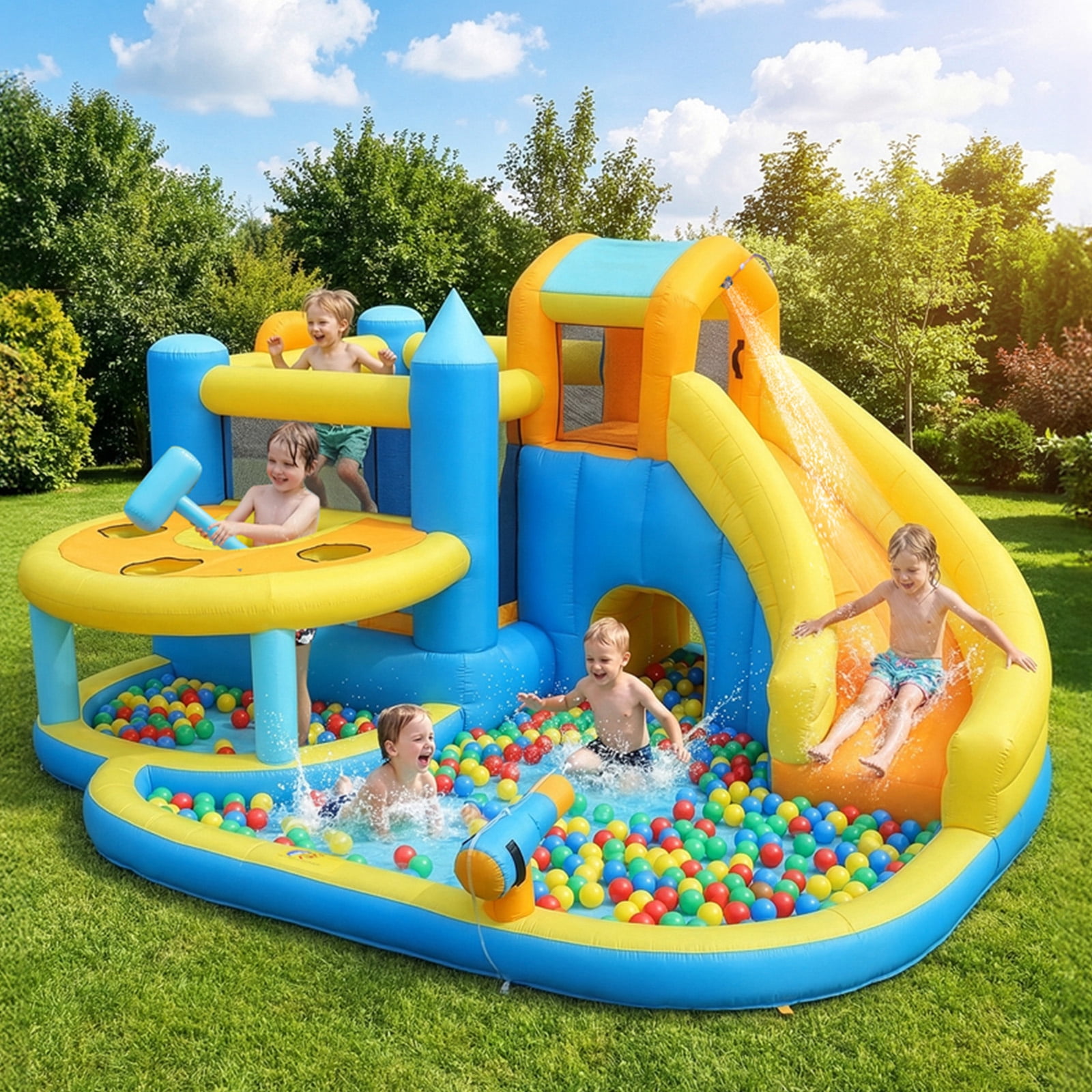 Ktaxon 10-in-1 Inflatable Water Slide Bounce House with Blower, 167" x 161" x 83", Whack-a-Mole Water Park w/ Splash Pool, Bounce Area & Crawl-Through Tunnel, Kids Backyard