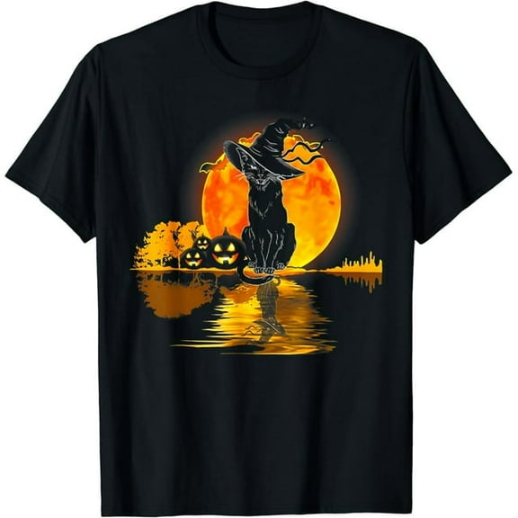 100% cotton tshirts men tee Black Cat Pumpkin Moon Halloween Costume Cat Lover Men Women T-Shirt
