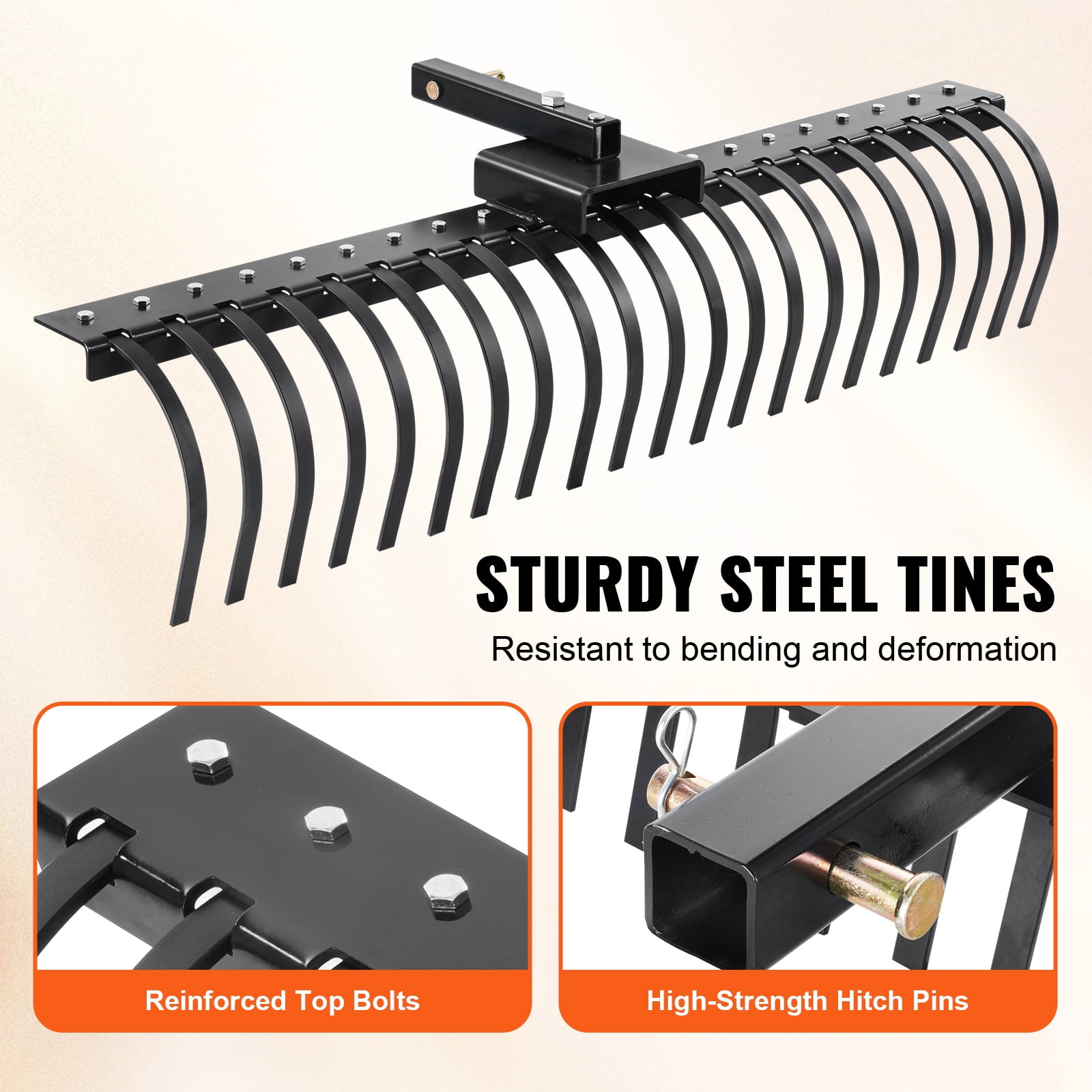 KFFKFF Landscape Rake, 60" Tow-Behind Dethatcher, Equipped with 21 Durable Steel Tines, Compatible with 48" or 60" Toolbars & 3-Point Hitch Systems, Ideal for Collecting Leaves