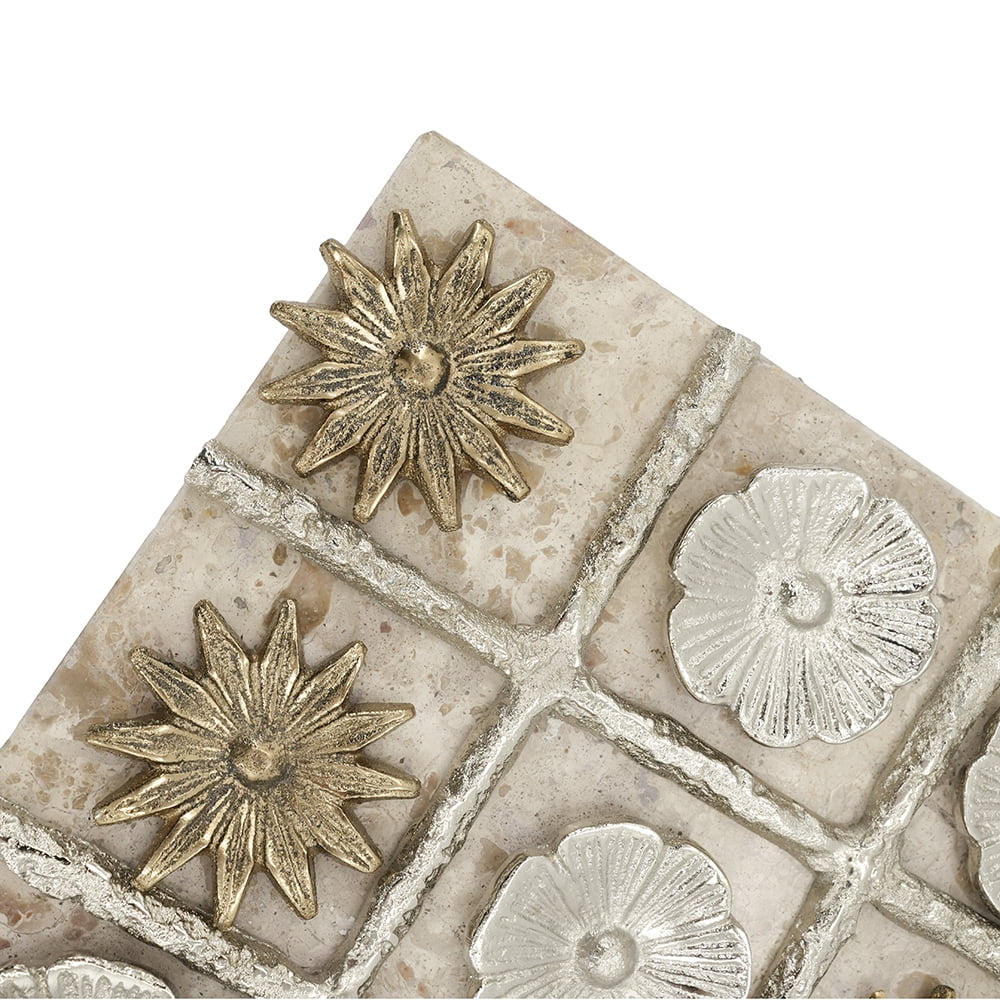 9x9" Floral TIC TAC TOE Game Set with Marble Base and Gold and Silver Finish, Luxury Coffee Table Decor Accent, Modern Glam Stone Game Set for Home or Office