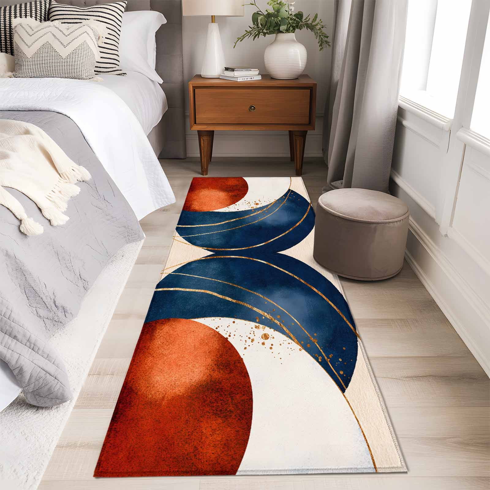 2'x6' Rug Runners for Hallways Kitchen, Navy Blue Burnt Orange Non Slip Entryway Beside Floor Carpet Runner, Modern Boho Art Geometric Washable Laundry Room Bedroom Throw Rugs Mat for Family Pet
