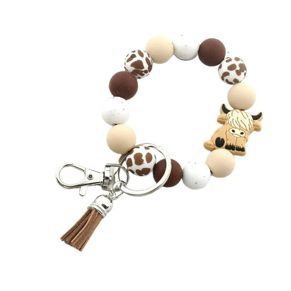 KCAHPAN Highlands Cow Silicone Tassels Keyring Sturdy Silicone Beaded Wrist Lanyard with Highlands Cow Accent Keychain Pendant