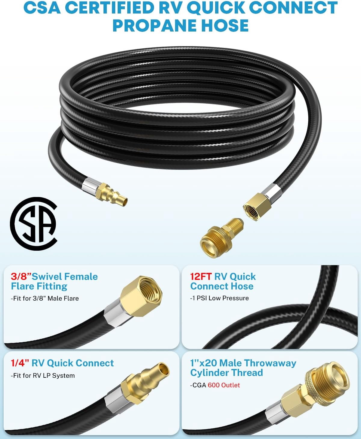 Kohree 12FT Propane Quick Connect Hose for RV to Gas Grill, Propane Converter Replacement for 1LB Throwaway Bottle Connects 1 LB Portable Appliance to RV 1/4" Female Quick Disconnect