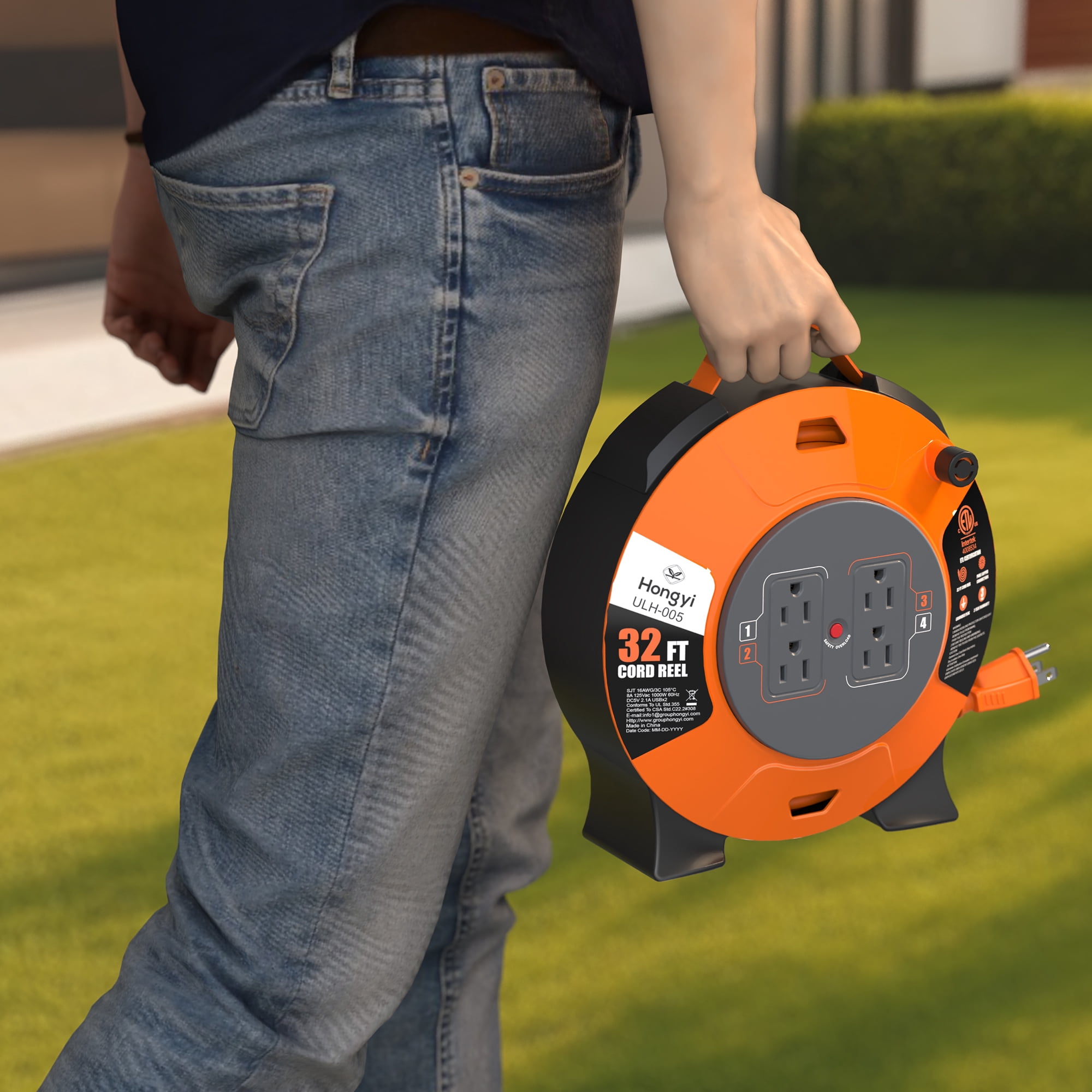 Hongyi Extension Cord Reel 32ft,16AWGX3C,SJT,4-Outlet,Orange