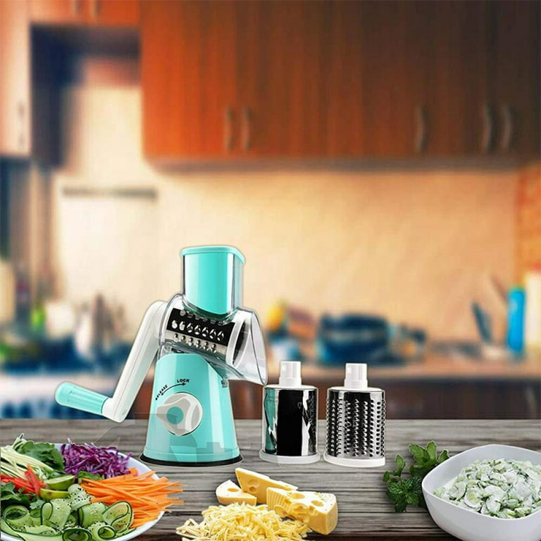 Christmas Sale! Rotary Cheese Grater, Handheld Vegetables Cheese Shredder  with Rubber Suction Base, 3 Stainless Drum Blades Included, Blue