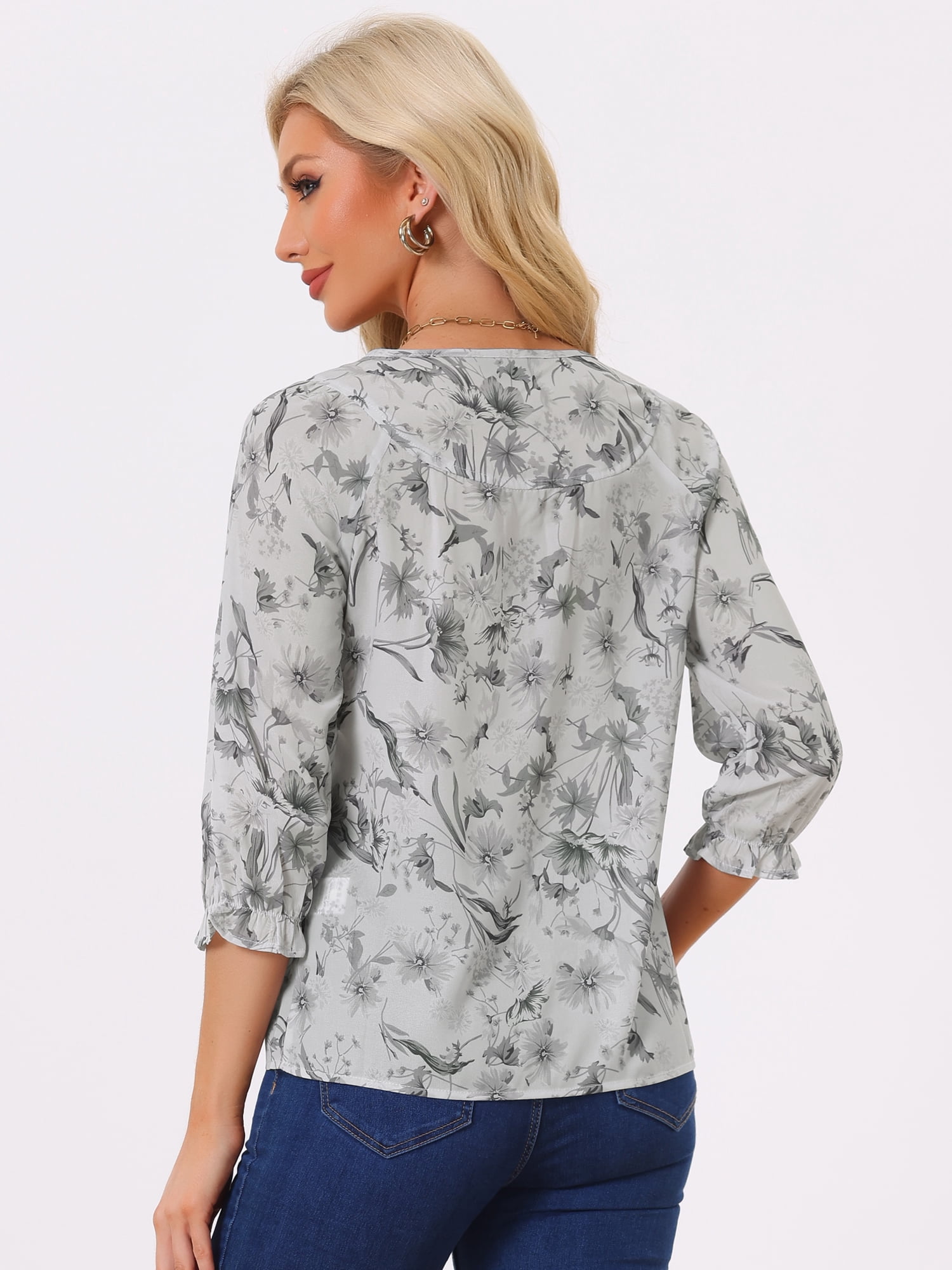 DARING DIVA Tie V Neck Boho Ruffled 3/4 Sleeve Blouse XS Grey