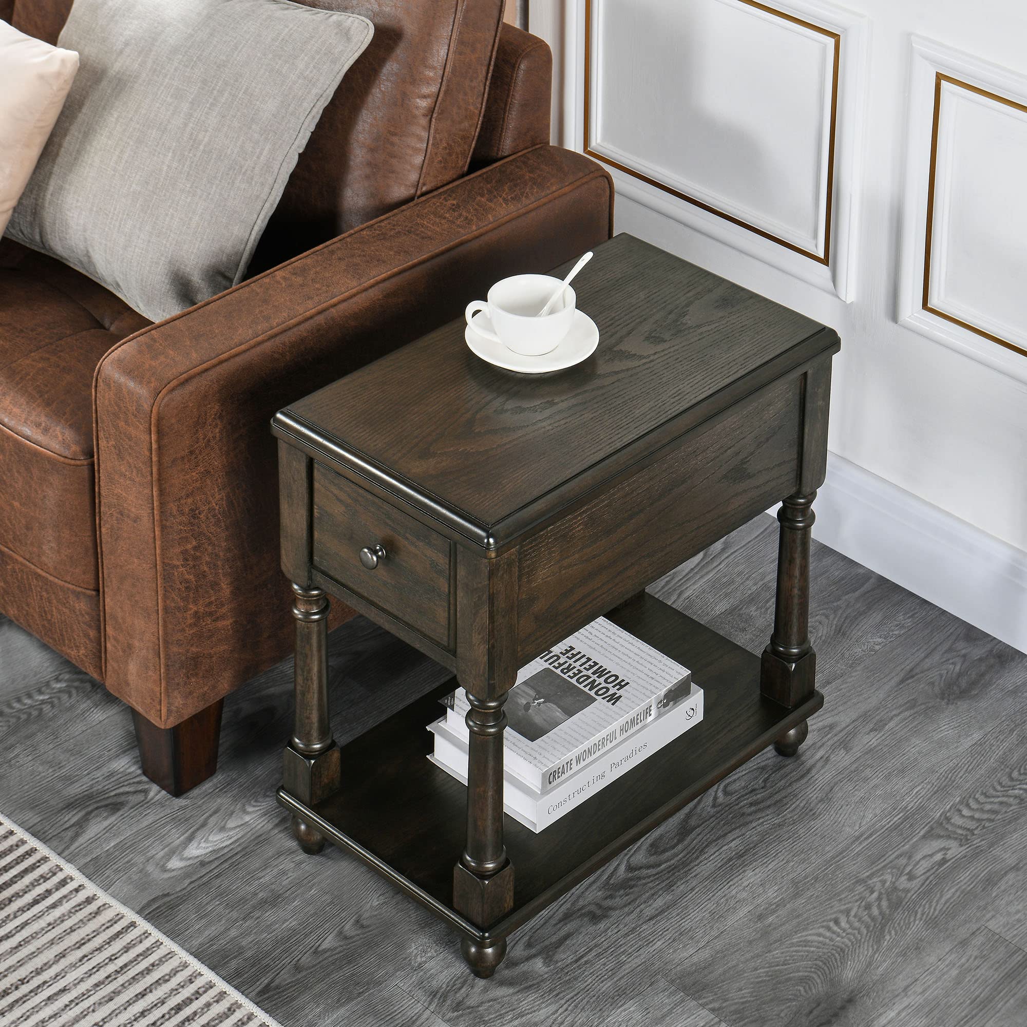 JESONVID Solid Wood Rectangular End Table with Storage, Antique Black