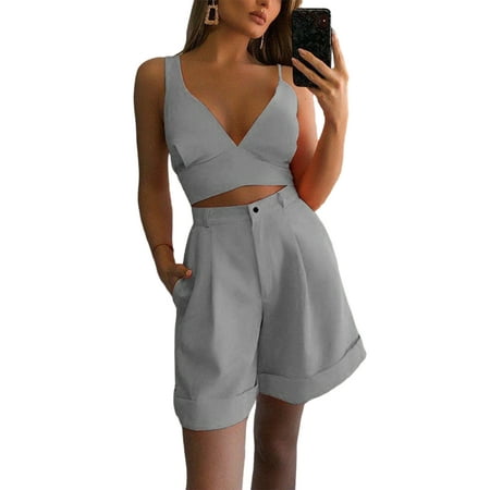 

Glookwis Women Lace Up Loungewear Pockets Cropped Tops Irregular Buttoned Sportswear Backless Solid Color Streetwear Lounge Sets