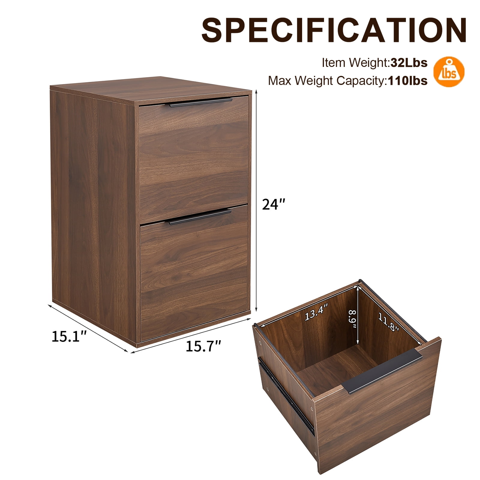 Marcree Wooden 2 Drawer File Cabinet, Wood Vertical Filing Cabinet for Letter Size Filings, Under Desk Small Filing Cabinets for Home Office, Walnut