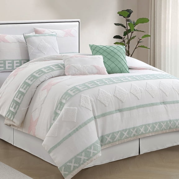 Lanco 7 Piece White Green Comforter Set, Queen Size, Geometric Pattern Bedding Set, Matching Bedskirt, Pillows & Shams