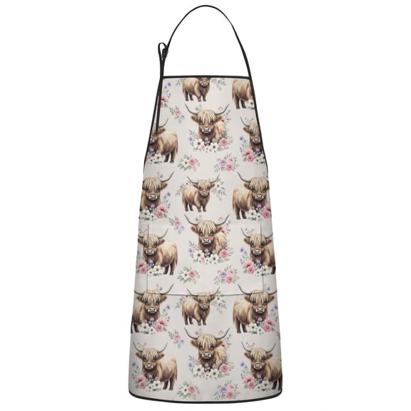 Beige Highland Cow Flower Pattern Apron-Garden Aprons for Women with Pockets-Cotton Linen Waterproof Kitchen Cooking Gardening Aprons Adjustable for Kitchen,Cooking,BBQ and Salon 33x27 Inch
