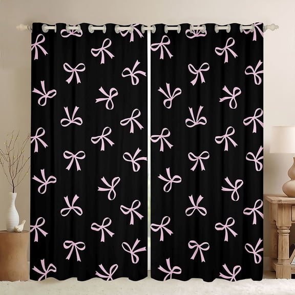 Feelyou Bow Black Out Curtains, Black Pink Bowknot Curtains Pack of 2 (42x63 Each)