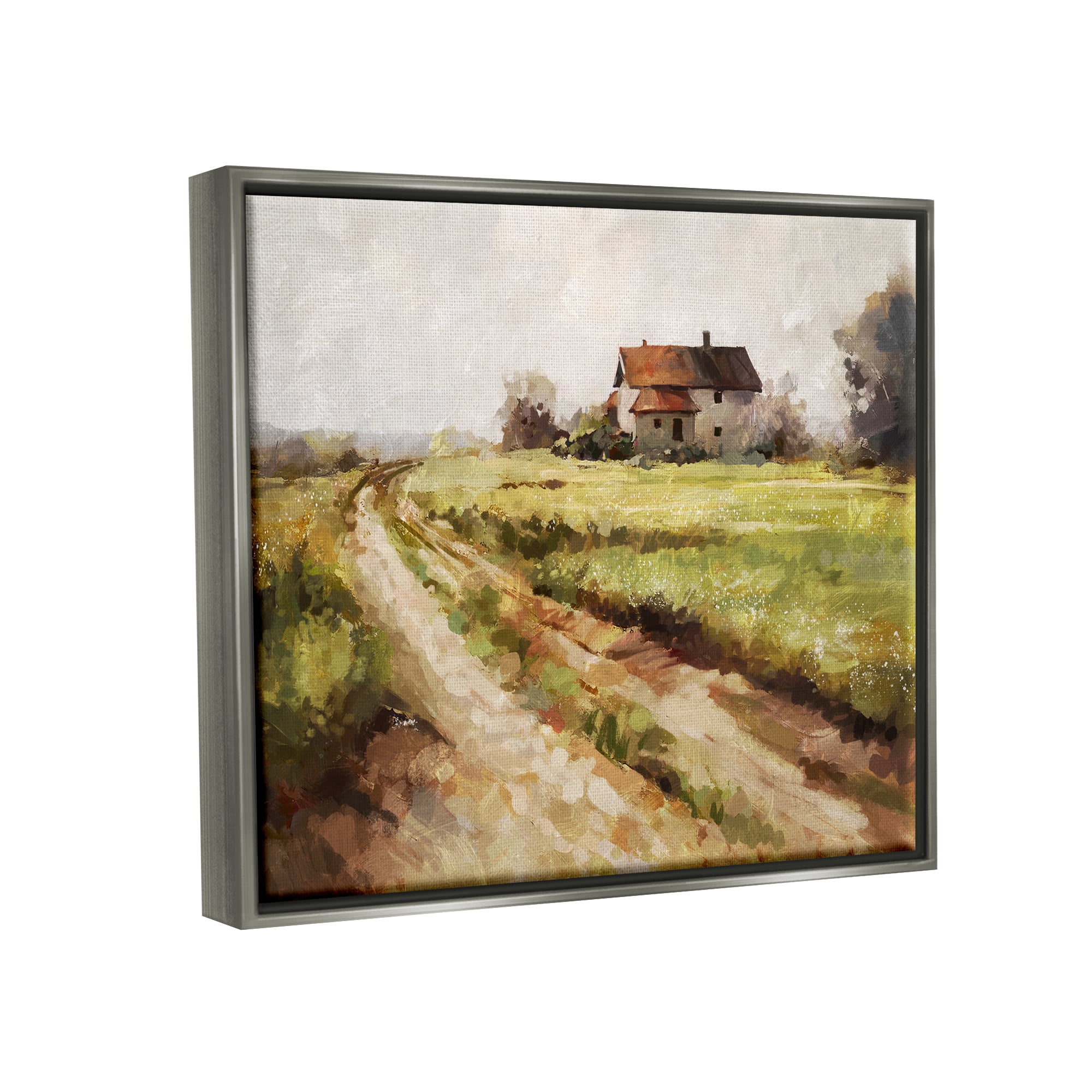 Stupell Industries Country Path to Barn Landscape Painting Gray Floater Framed Canvas Art Print Wall Art, 21 x 17