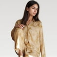 thumbnail image 5 of Women's Satin Pajama Set with Golden Botanical Print Long Sleeve Button Up Top and Relaxed Fit Pants - Medium, Yellow, 5 of 7