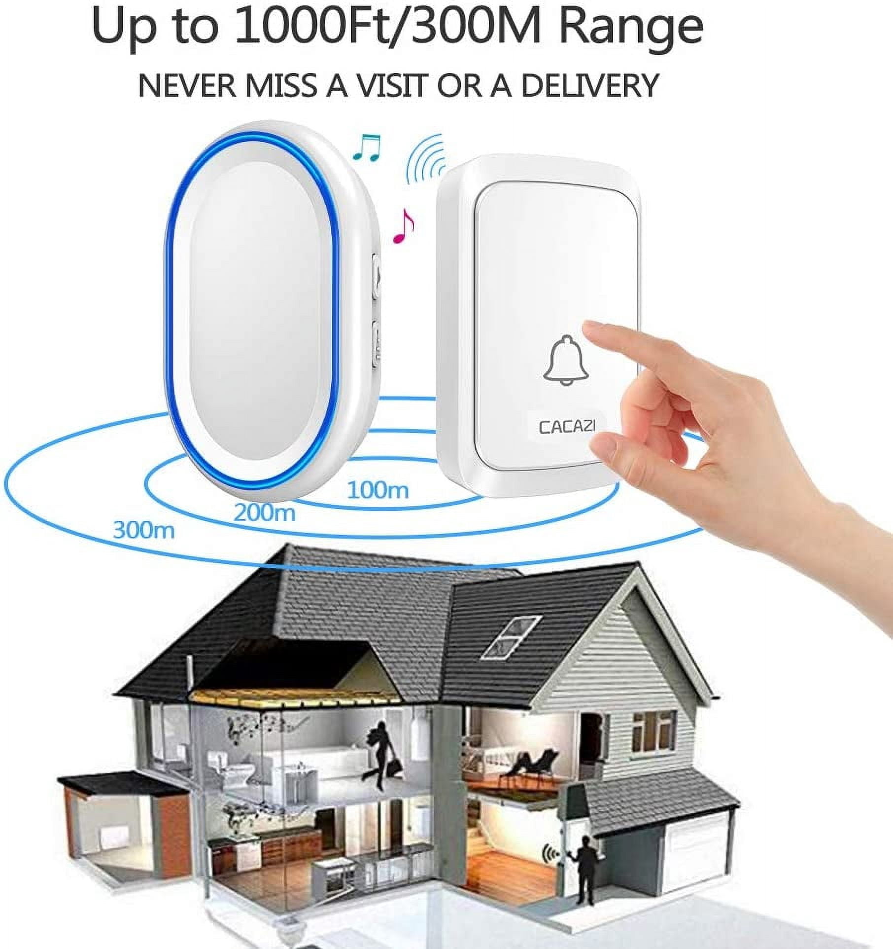 Wireless Doorbell, Waterproof Door bell Chime Operating at Over 1000 Feet with 4 Volume Levels, 58 Melodies (White)