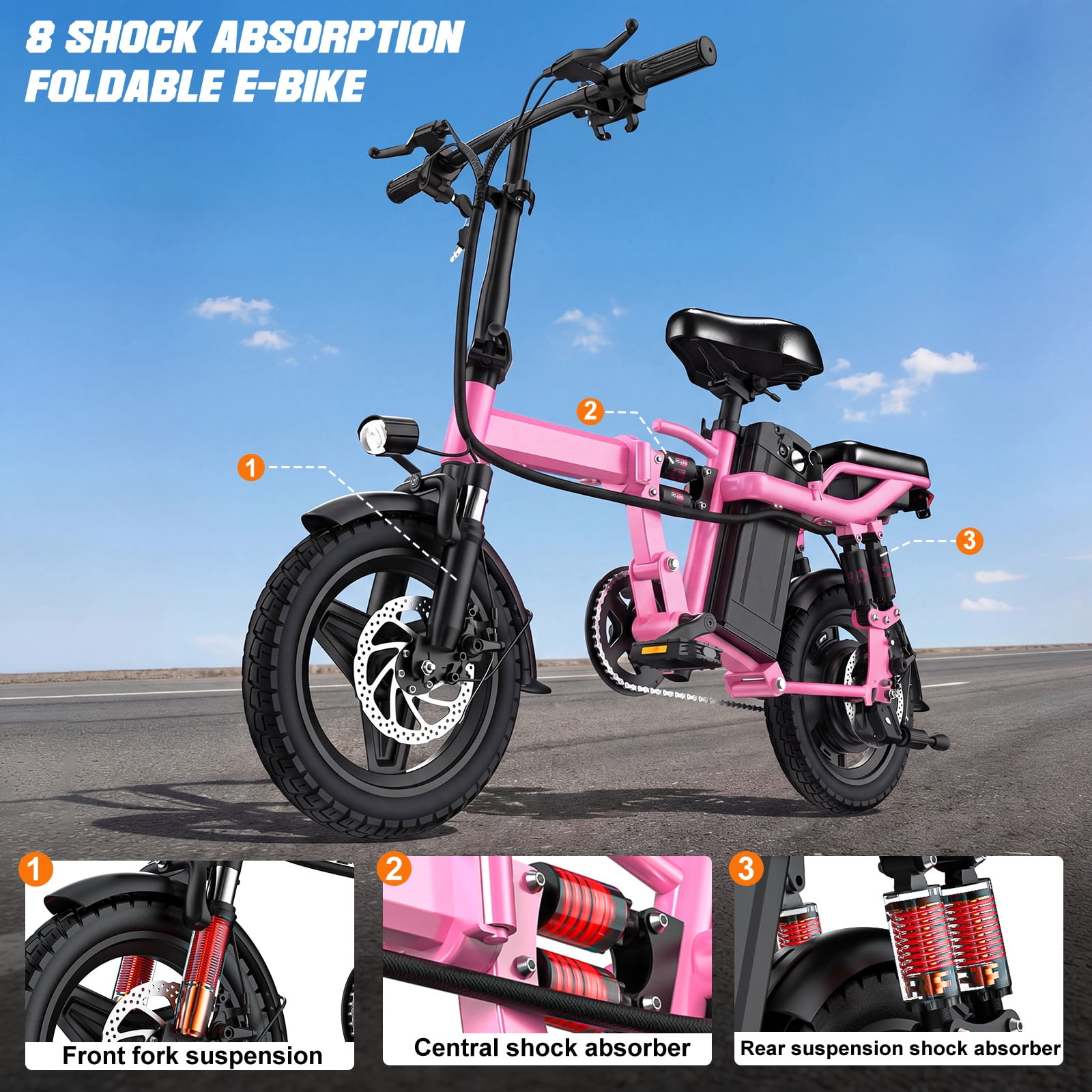 14''Foldable Adult Electric Bike, 48V 12ah 750W Motor, 3-Speed Gearing, Six-Spring Shock Absorber, Front And Rear Led Safety Lights, Portable Design, With Basket/Phone Holder/Lock,Pink