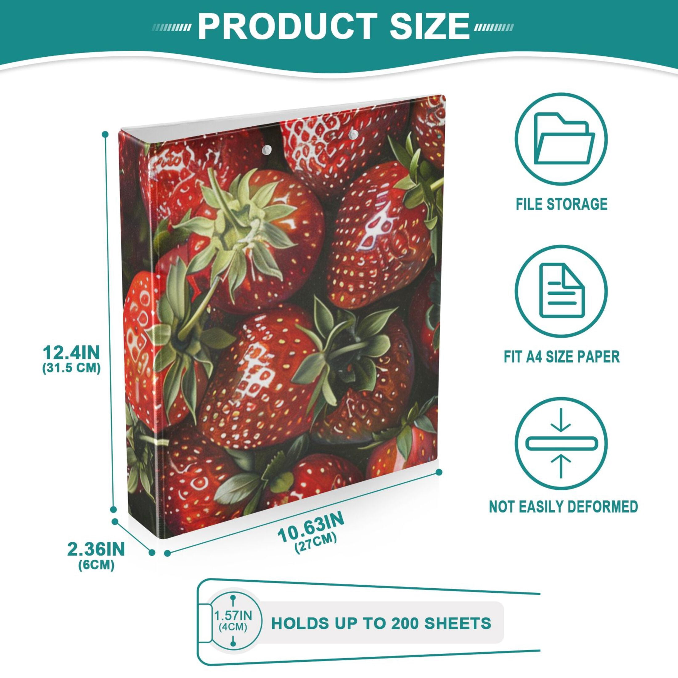 Full Strawberries 3 Ring Binders 1.5 inch Hardcover File Folders with Interior Pockets A4 Size Organizer for School Office Hospital