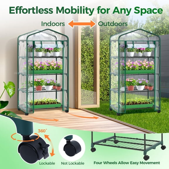 Mini Greenhouse with Wheels, 4-Tier Portable Plant Stand for Indoor Outdoor Gardening