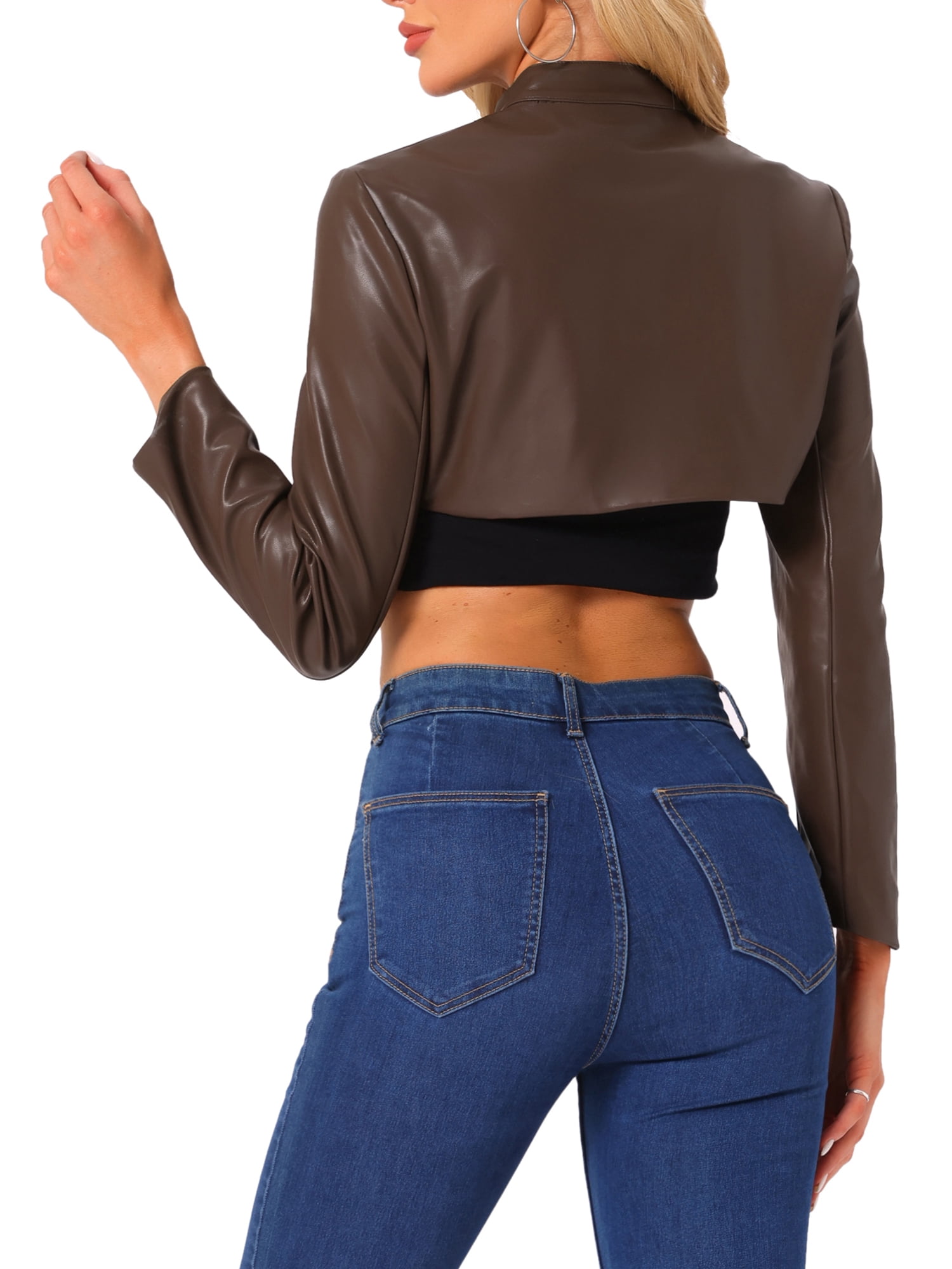 INSPIRE CHIC Women's Faux Leather Stand Collar Zipper Front Long Sleeve Cropped Jacket XS Brown