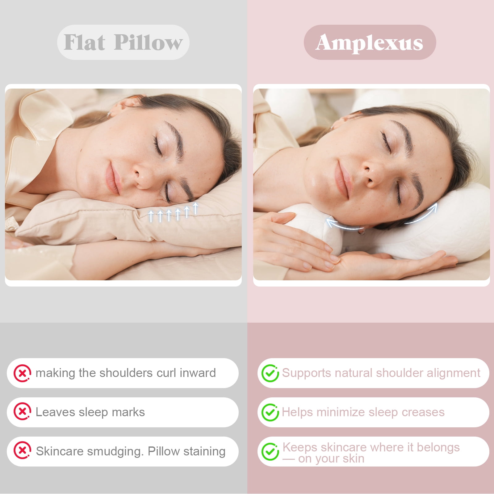RoamReady Anti-Wrinkle Side Sleeper Pillow, Adjustable Down Alternative Beauty Pillow with Neck Pain Relief, White
