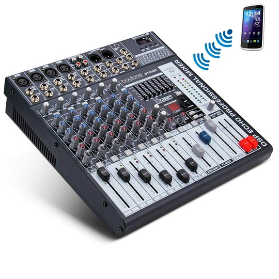 Boytone BT-80MX 8-Channel Bluetooth Studio Audio Mixer DJ Sound Controller, 7 Band Equalizer, 16 Effects, USB Port MP3, XLR Microphone Jack, RCA Input/output, DSP Echo, Headphone Jack, Recording