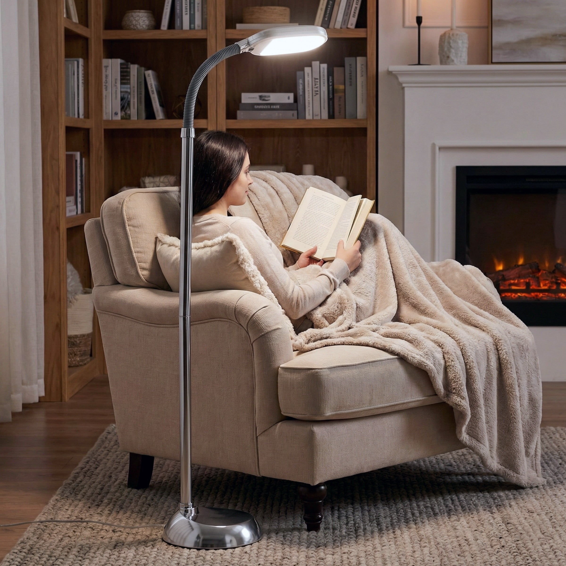 Lavish Home 63-Inch Adjustable Floor Lamp for Bedroom - Full Spectrum Natural Sunlight Lamp for Office with Bendable Neck for Reading Light, Craft, Studying, and Esthetician Light (Chrome)
