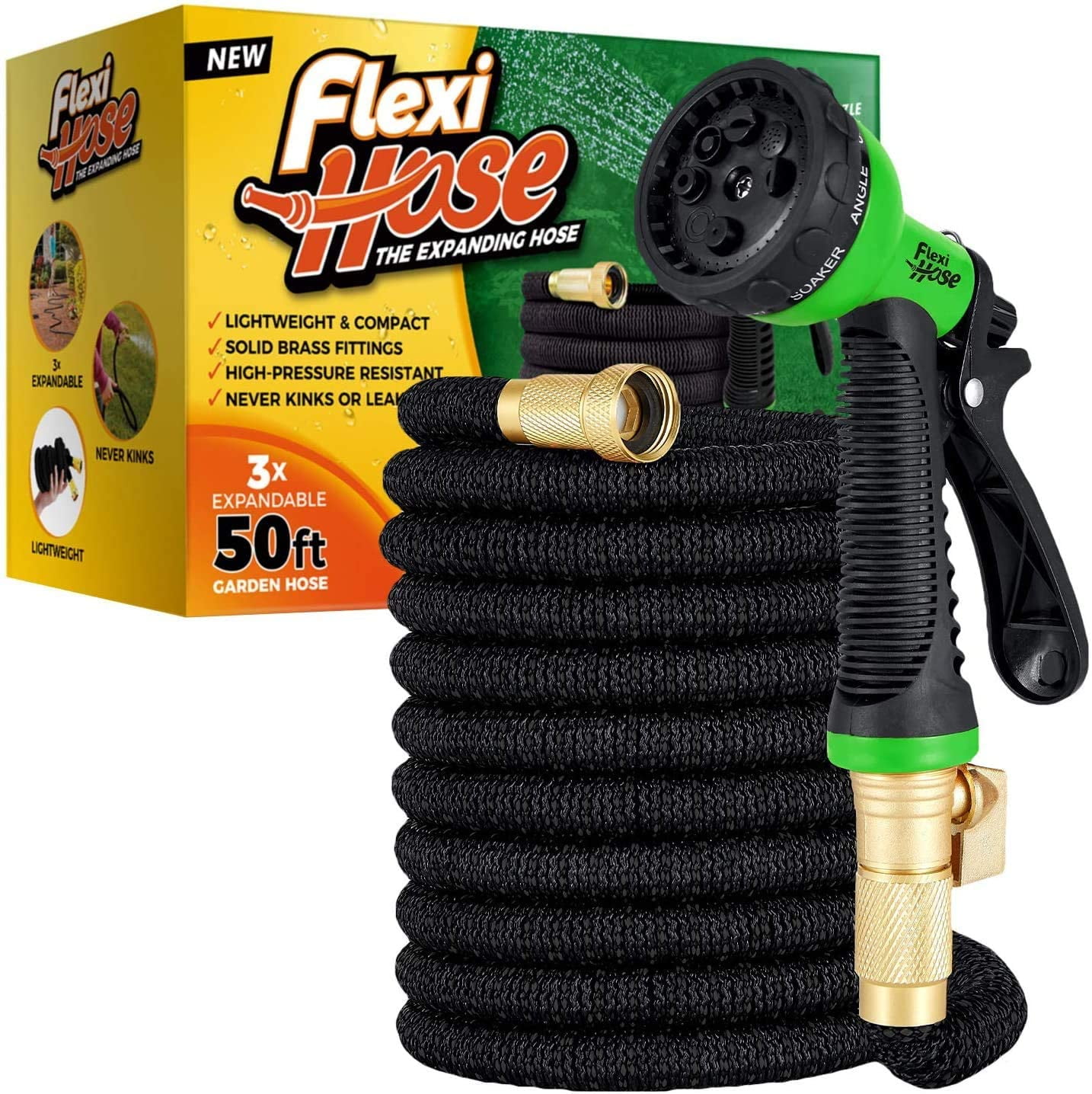 Portable Storage Bag Easy Carry and Use 3/4’’ Solid Brass Fittings with Protective Washer No leak & Rust 50ft Expandable Garden hose with 8 pattern hose nozzle 