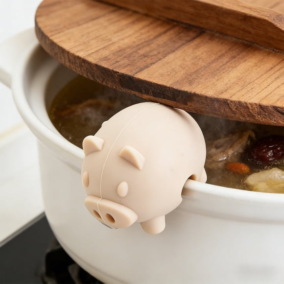 Silicone Pot Lid Clip for Soup Boil-Over Prevention, Pig Shaped Steam Vent Clip, Heat Resistant, for Stockpots, Kitchen Cooking Accessory, Pink/White