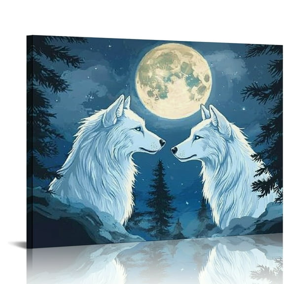 Autua Wild Animals Wolf Canvas Wall Art Wolf Poster White Wolf Picture Wall Decoration Animal Moon Wolf Picture Painting Wolf Bedroom Bathroom Living Room Decoration 20x16in