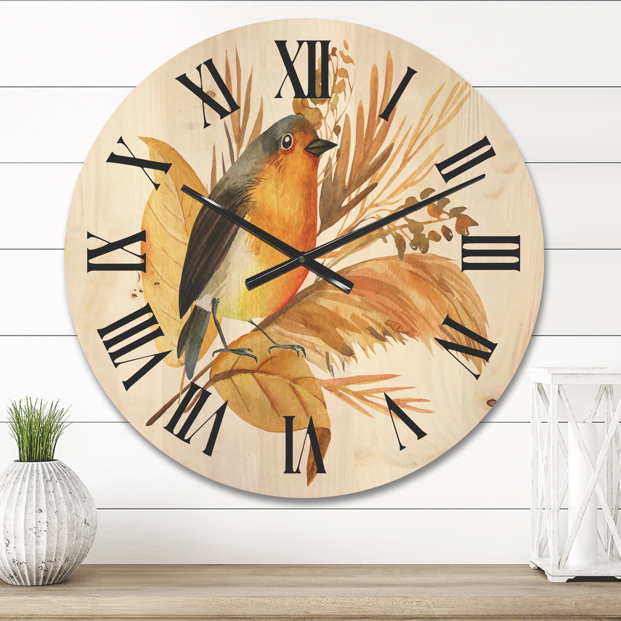 Designart 'Autumn Flowers and Robin Bird' Traditional Wood Wall Clock