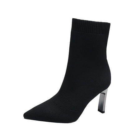 

Qufokar Womens Tall Boots Wide Calf Womens Snow Boots Size 11 Women Ankle Boots Autumn And Winter Fashion Pointed Toe Thin Heel Mesh Solid Color Simple Stretch Knit Slip On