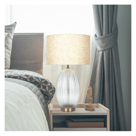 Ribbed Glass Lamp Base Clear Table Lamp Large Linen Shade Beige,Clear,Gold Table&Floor Lamps Incandescent Glass,Linen,Metal