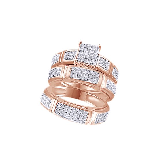 AFFY White Natural Diamond Engagement & Wedding Trio Band Ring Set In 10k Rose Gold (0.5 Cttw)