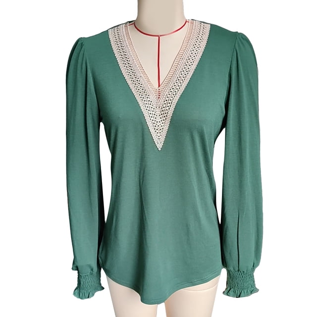 Blusa de manga larga con cuello en V y encaje, blusa larga y elegante con cuello en V y encaje para mujer, blusa tipo túnica con cuello en V y encaje, experiencia incomparable