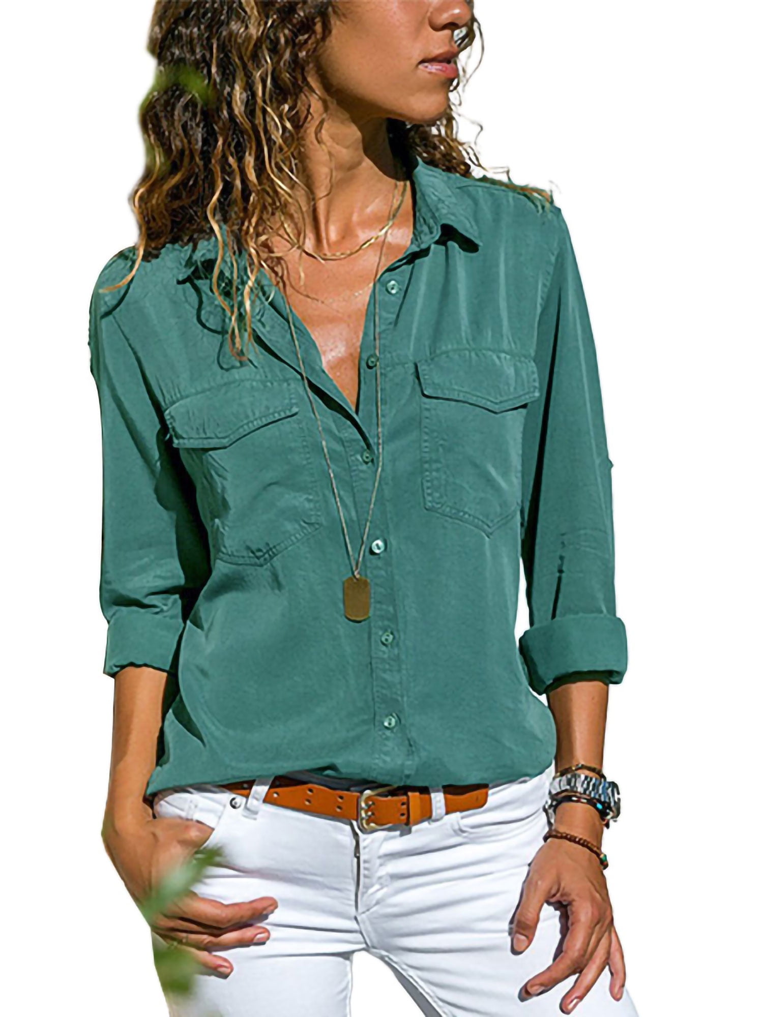 Voguele Women Blouse Button Down Tops Pockets Shirts Beach Tunic Shirt  Casual Tee Malachite Green US M 