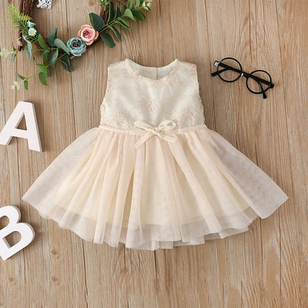 

THE WILD Toddler Dress Elegant Ruched Belt Solid Color O-Neck Sleeveless Midi Girls Dresses Beige